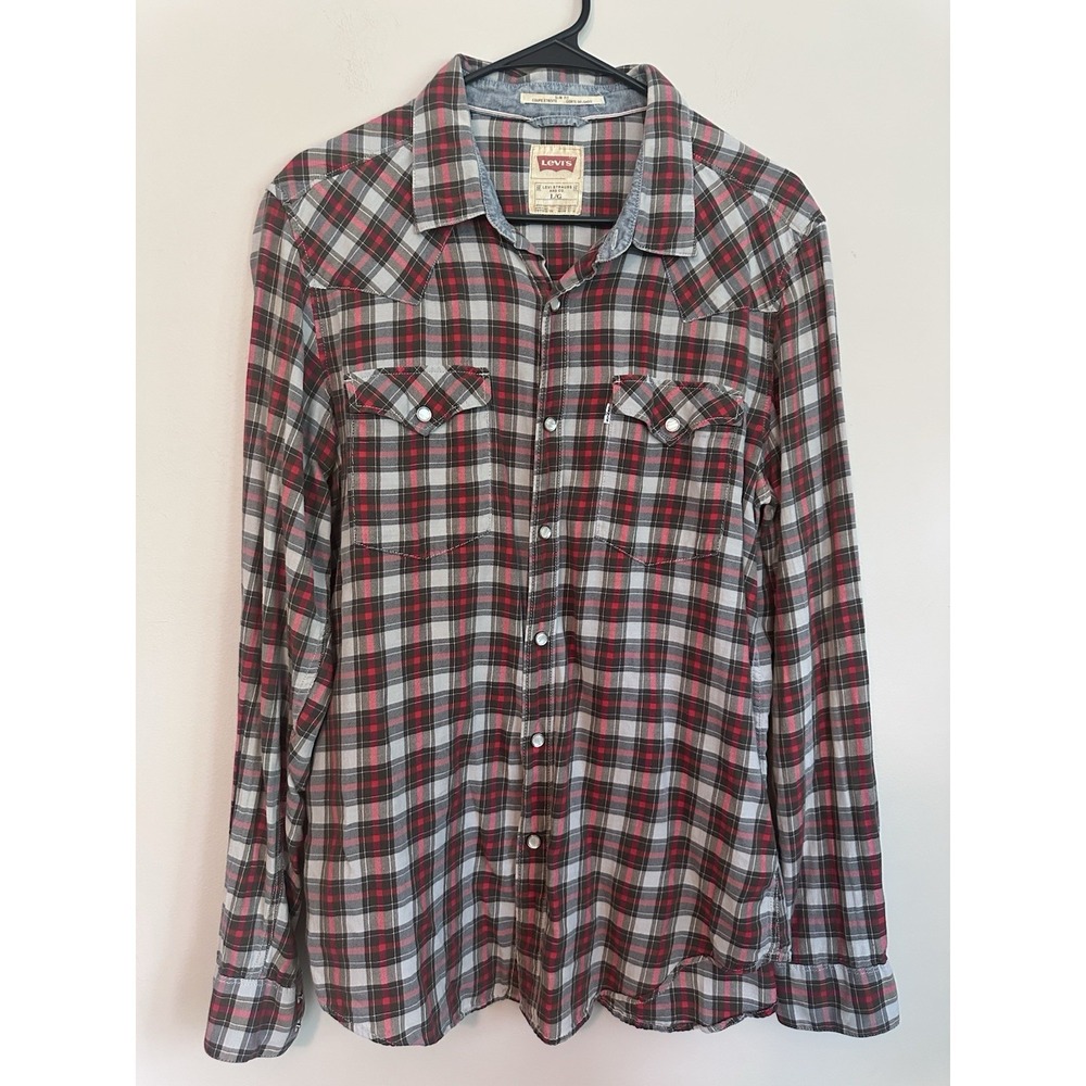 Levi's Men's Long Sleeve Western Cut Pearl Snap Plaid Shirt Lightweight LARGE - Picture 1 of 16